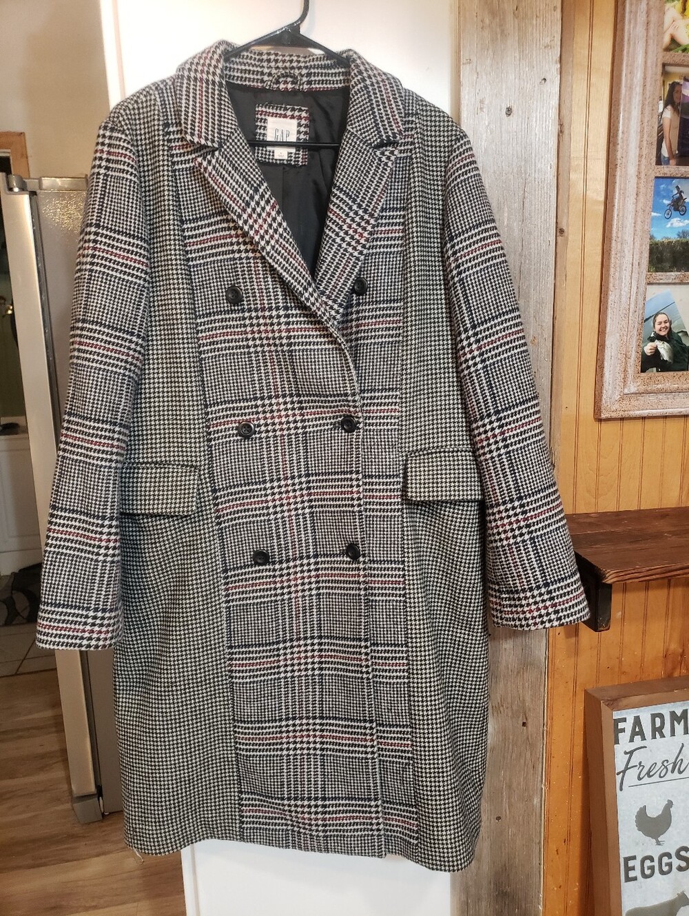 Gap Wool Blend Long Double Breasted Peacoat Mixed Plaid Satin Liner Women Large